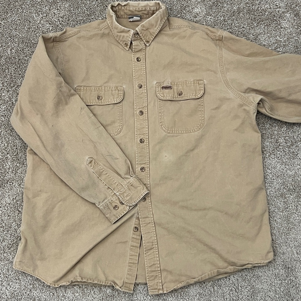 Vintage Y2K Carhartt Work Shirt Mens Large Tan Button Down Workwear Distressed